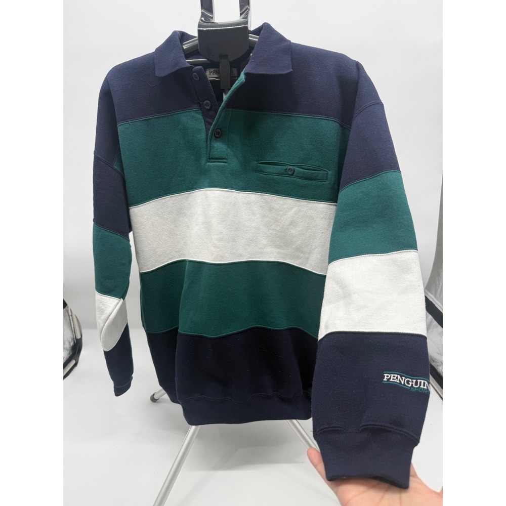 Penguin Sport Mens XL Colorblock Rugby Polo Sweatshirt Navy Green White Vintage